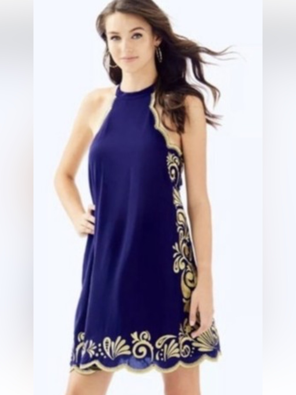 Lilly Pulitzer Navy and Gold Embroidered Halter Mini Dress